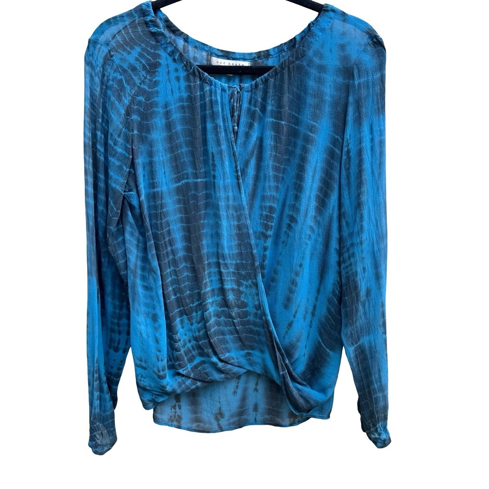 Red Haute Boho Coastal Ethereal Shibori Tie Dye Wrap Front Flowy Blouse Blue S